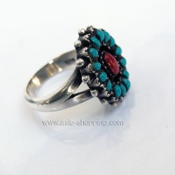 Bague Népal argent turquoise et corail