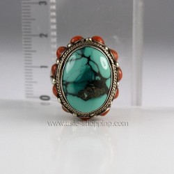 Bague Népal en argent, turquoise et corail