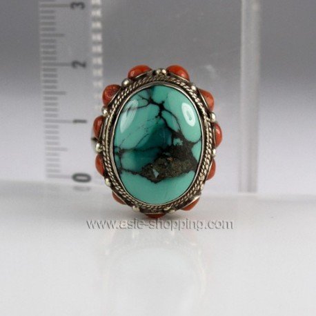 Bague Népal en argent, turquoise et corail