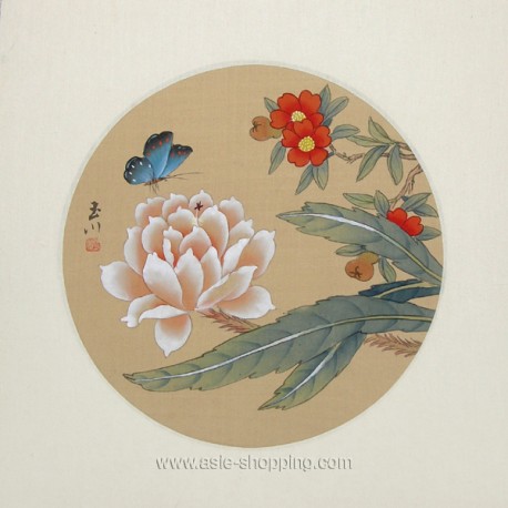 Peinture Chinoise Sur Soie Decor Papillon Et Fleurs 30x30cm